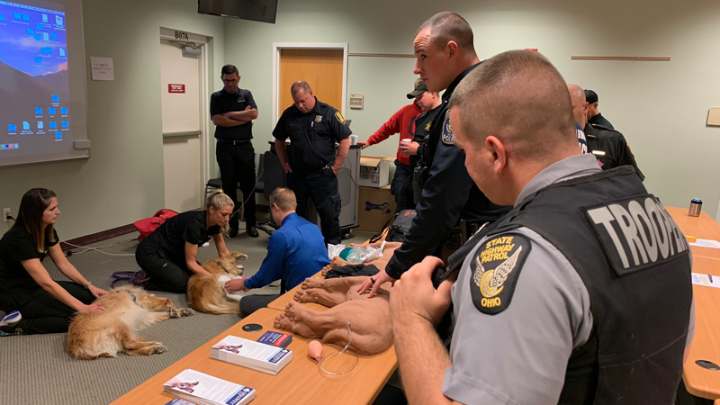 State Police CPR Training for Pets State police officers in classroom learning how to give CPR to dogs in an emergency